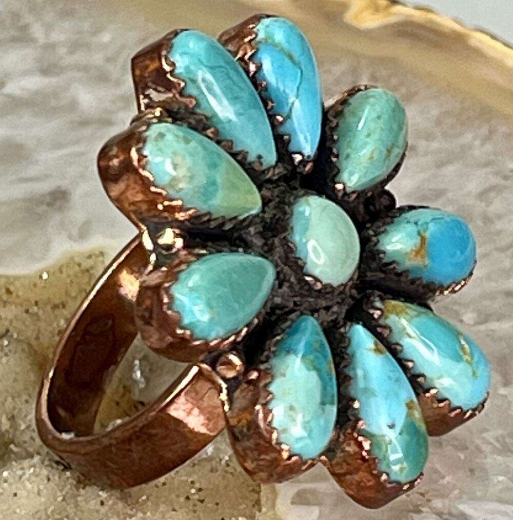 Southwestern Copper Kingman Turquoise Cluster Ring Handmade Floral Statement NEW